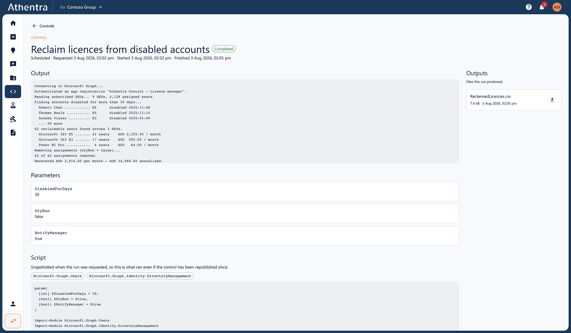 The licence reclaim ran at 04:02, removed 62 seats and reported AUD 2,914 a month — AUD 34,968 annualised.