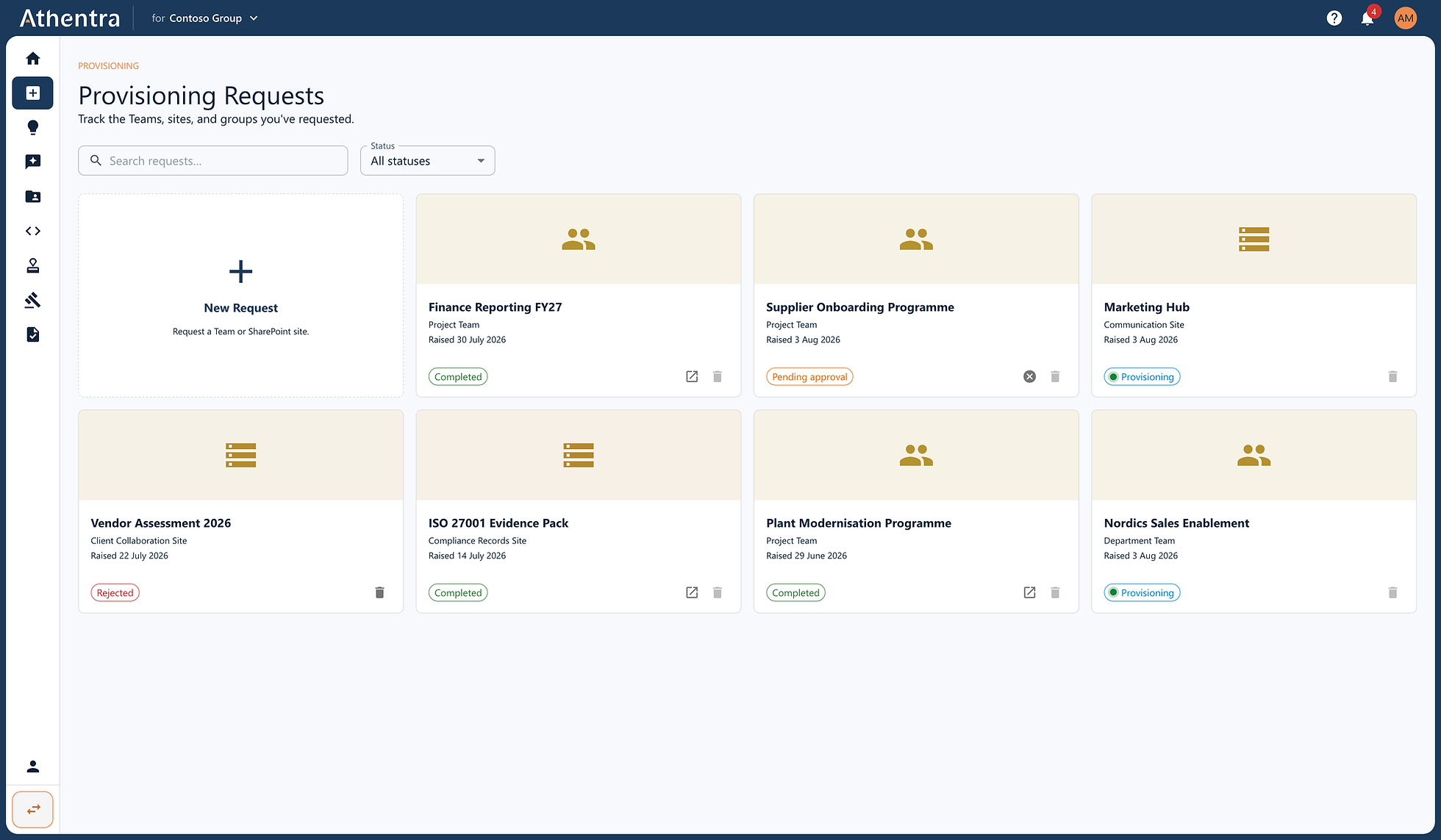 Requesters see their own history and where each request has got to.