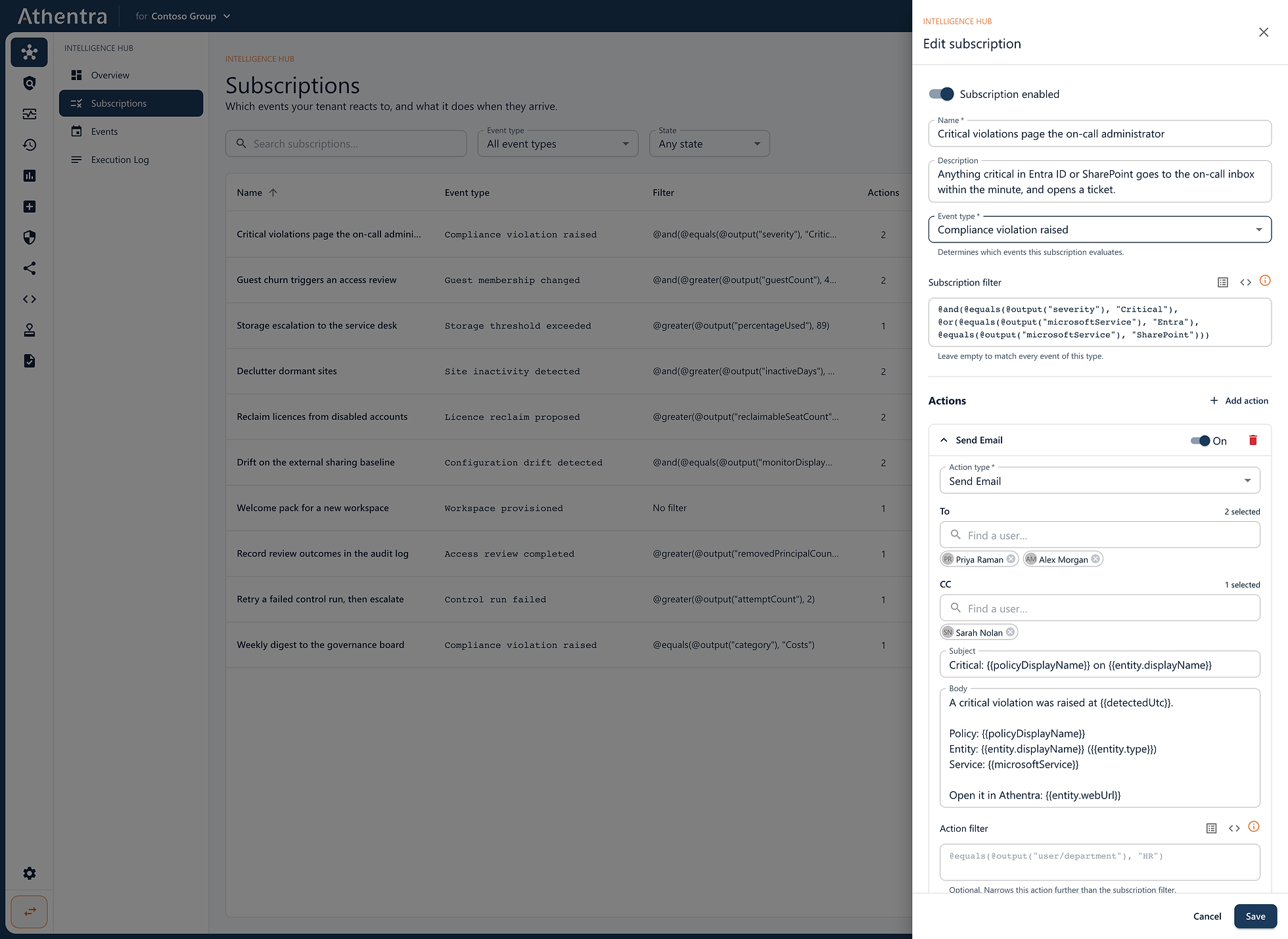 Pick the event, narrow it with a filter, add the actions. No code, and the filter is checked against the event’s own schema as you type.