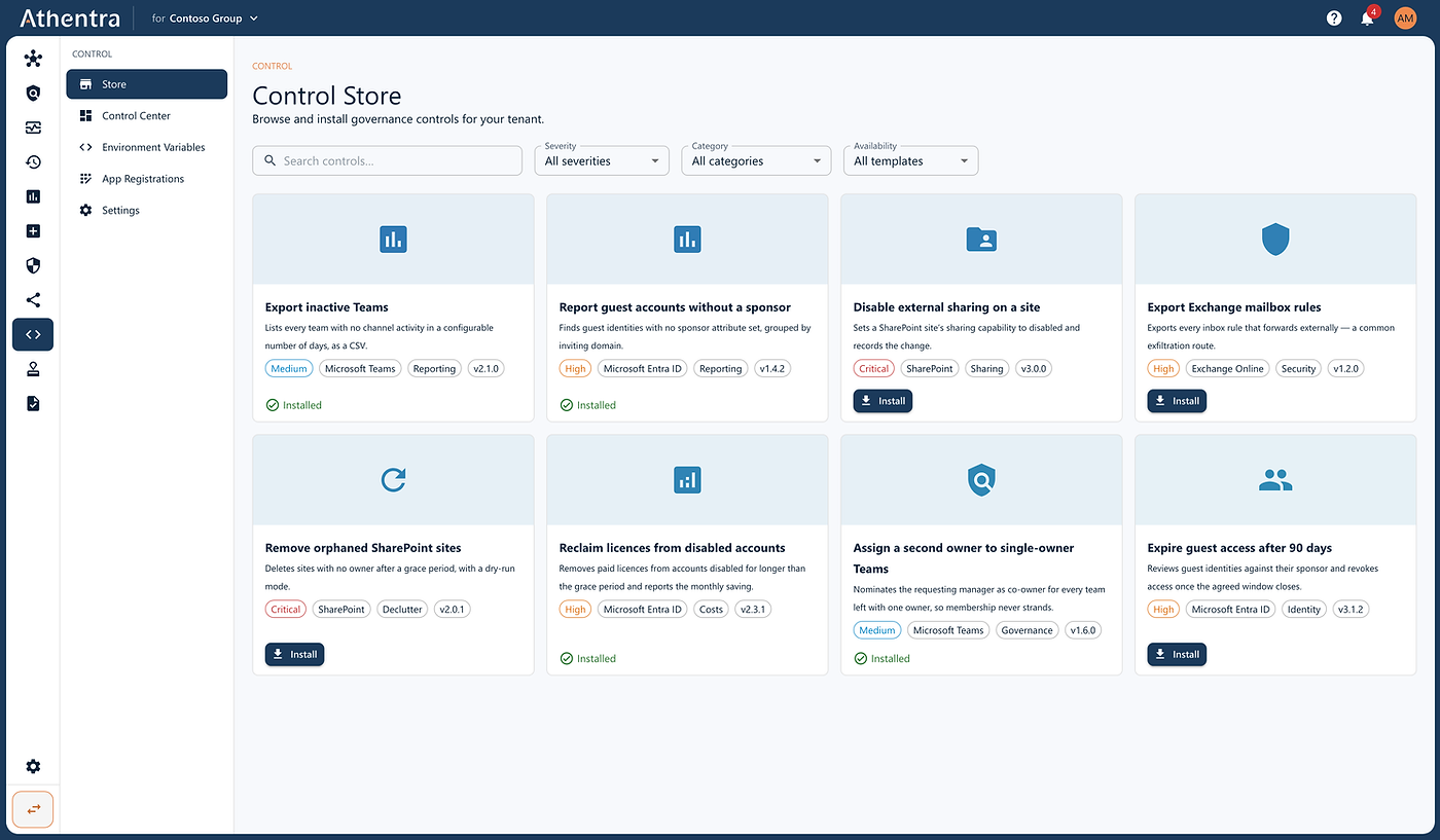 Fifty-plus best-practice controls, installed with one click, versioned after that.